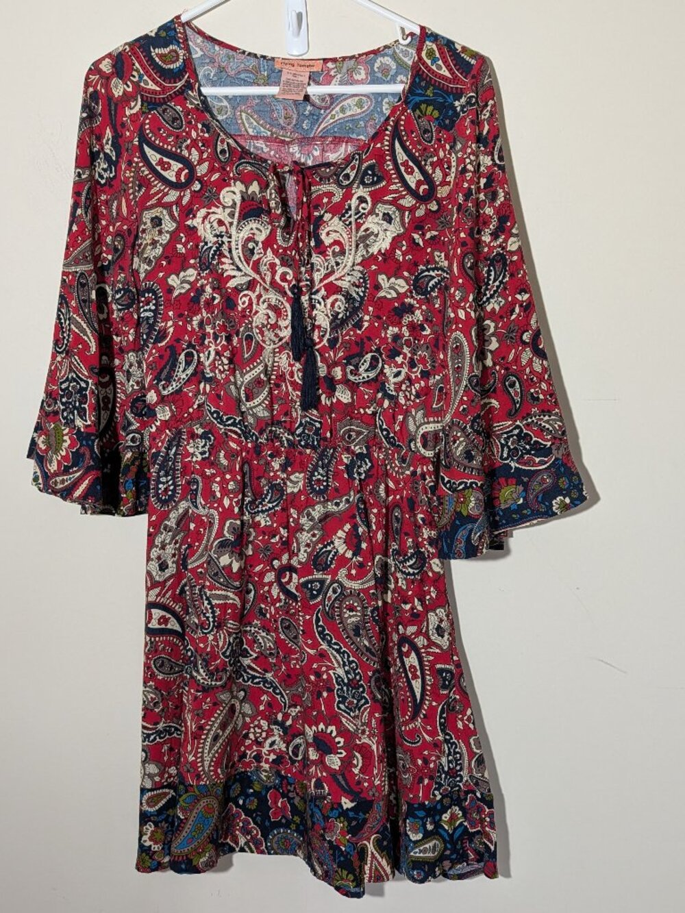 Flying Tomato Flowy Boho Paisley Embroidered Tie Tassels Midi Flare Dress M Red